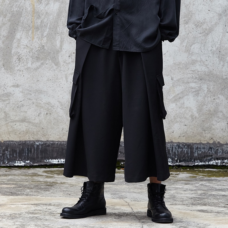 Men's nine minute trousers spring/summer Yamamoto style Dark Black Japanese culottes low crotch wide leg trousers for men