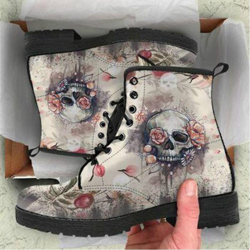 Botas altas con estampado de calavera y flores para mujer, botines estilo Martin para otoño e invierno, británica,