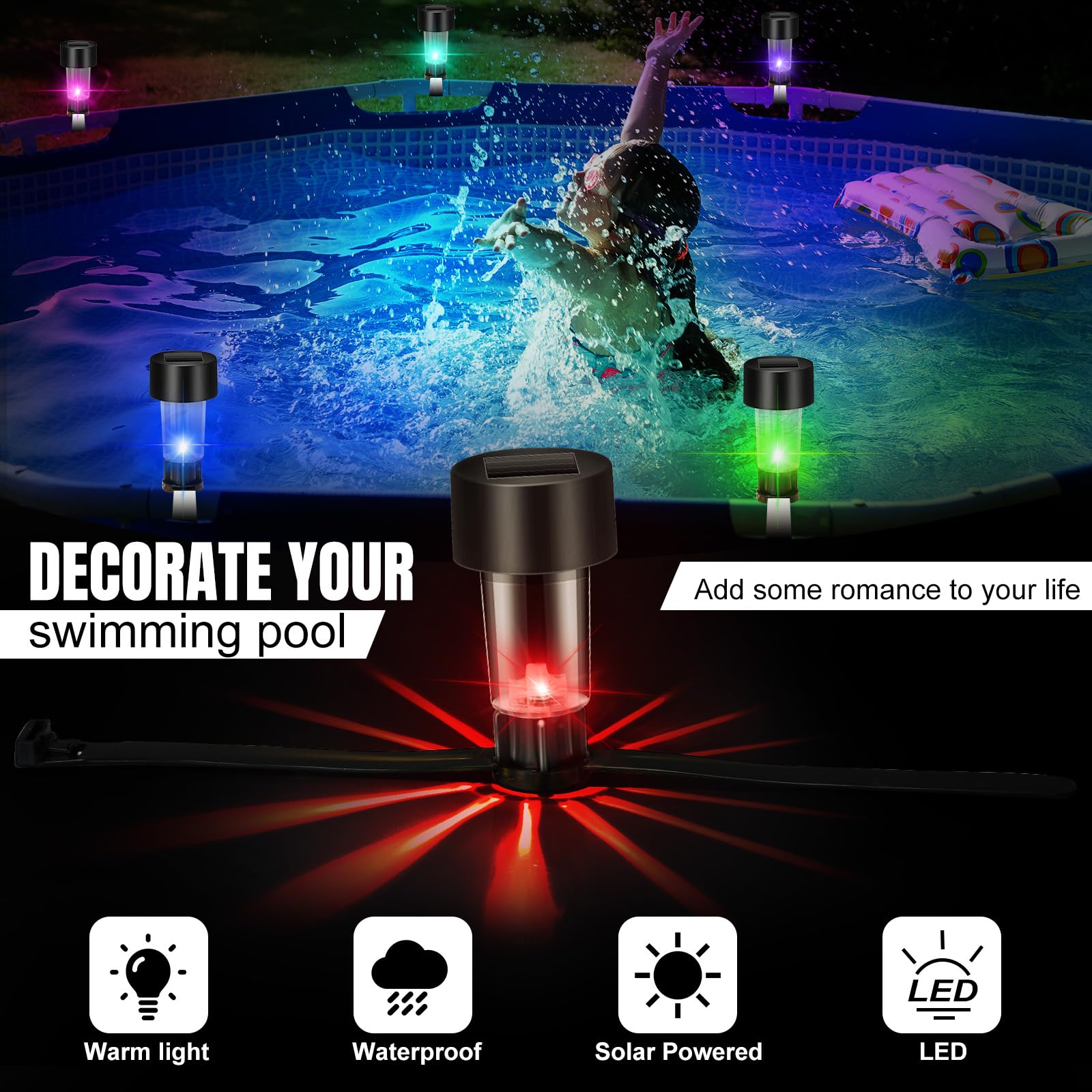 8 lampes solaires pour piscine, lumières étanches, accessoires pour piscine extérieure, lumières colorées et veilleuses