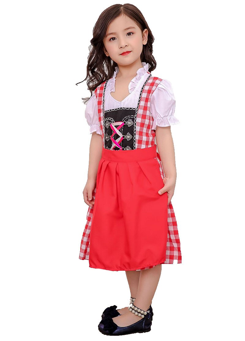 Barn flickor tysk oktoberfest dirndl piga kostym bonde snörning förkläde bomull klänning puffärmar outfit för barn flickor 3-10t: Röd / 4t