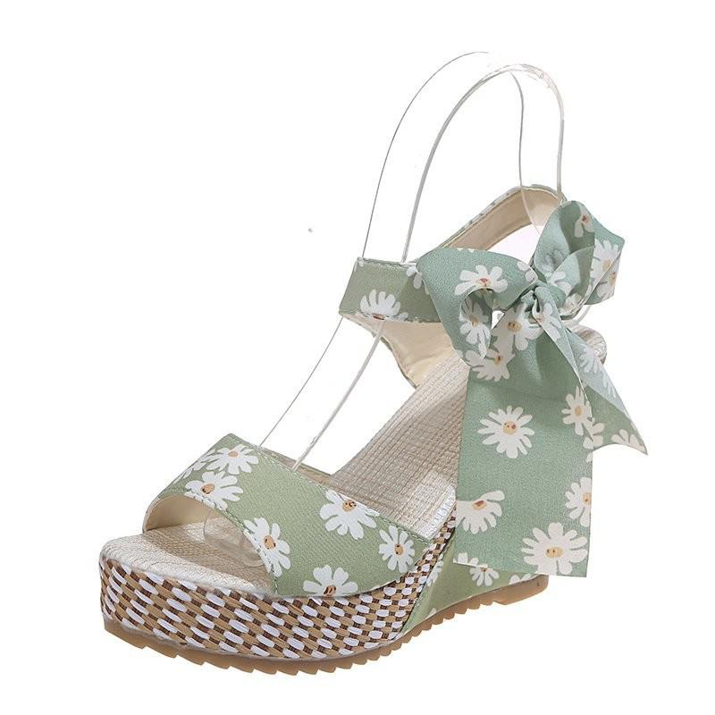 Chaussures d'été pour femmes, plate-forme à nœud papillon Floral, talons hauts, sangle de cheville bohème, chaussures à bout ouvert: Green / 37
