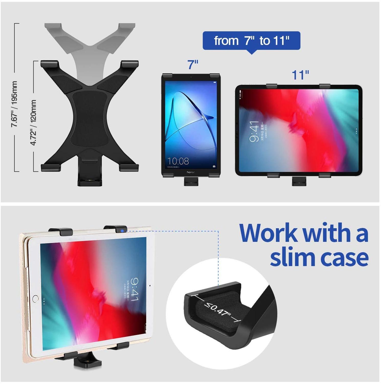 Tablet Stand, Adjustable Tablet Tripod Mount Adapter, Tablet Clamp Holder for iPad Air Mini Pro Galaxy Tab E 7-11''