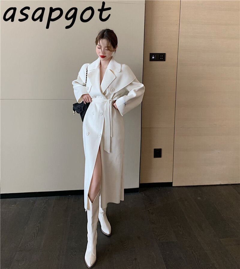 Chic Vintage blanc revers Double boutonnage Trench femmes à lacets longues taille manteau de laine automne hiver tempérament en vrac