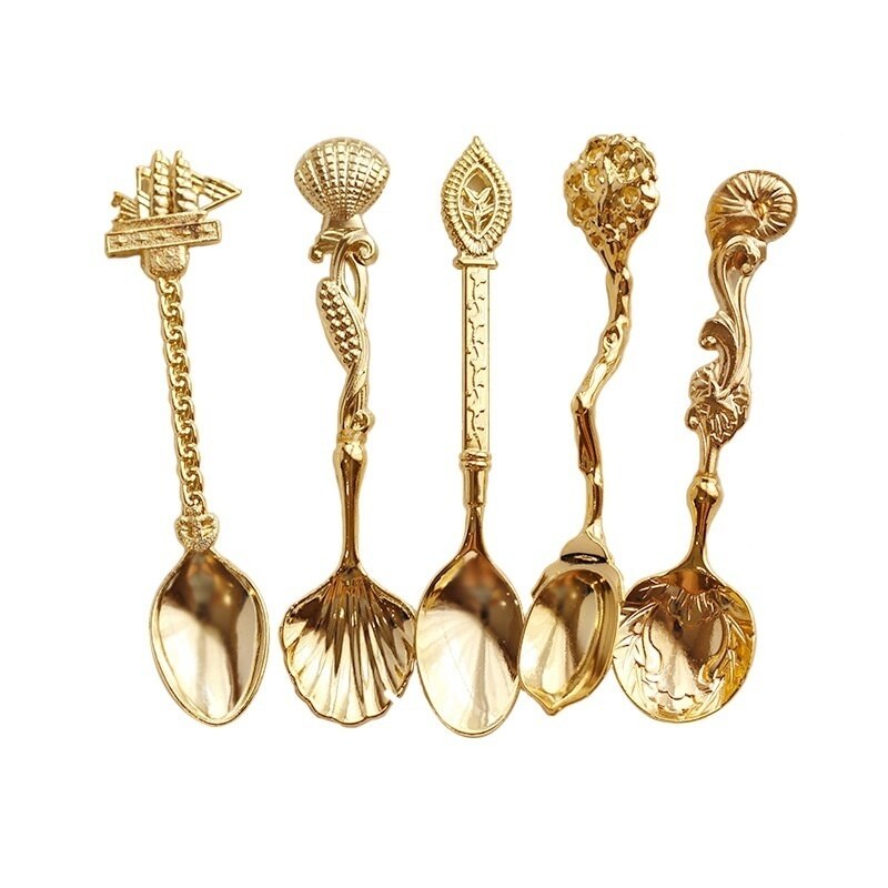 European and American Retro Coffee Spoon Dessert Spoon Small Spoon Spoon Golden Conch Shell Sailboat Five-piece Set