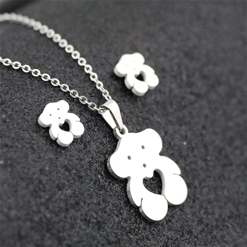 Couleur argent acier inoxydable ours pendentif collier boucles d'oreilles ensembles coeur amour ours breloque collier bijoux tour de cou ensembles pour les femmes