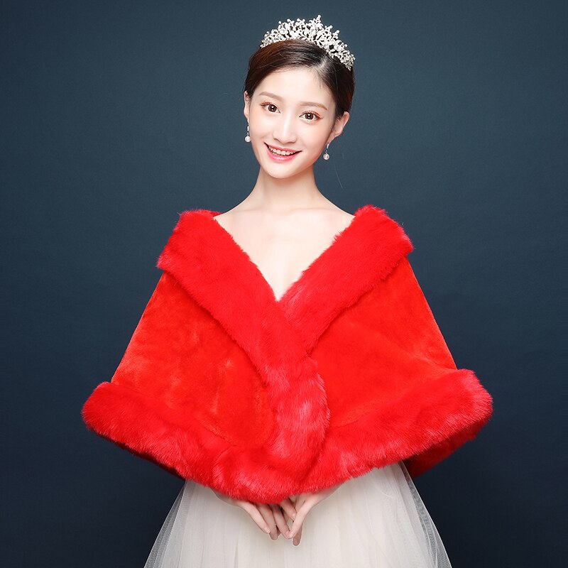luxe mariée fausse fourrure châle blanc rouge large et épais lourd femmes fourrure étole enveloppement pour mariée mariage fête soirée couvrir: Rouge
