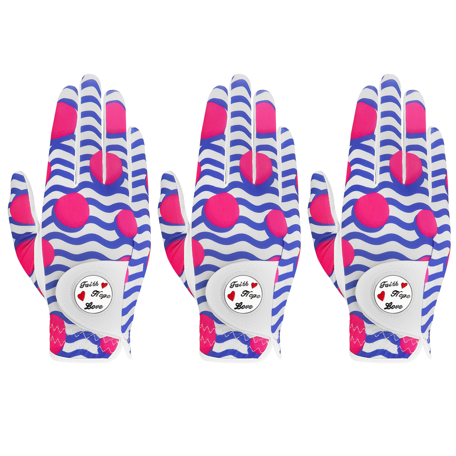 Guantes de golf para mujer, mano izquierda derecha de cuero con marcador de bola, paquete de 3, guantes de colores para golfista diestros y zurdos, agarre para todo tipo de clima: Azul / XS