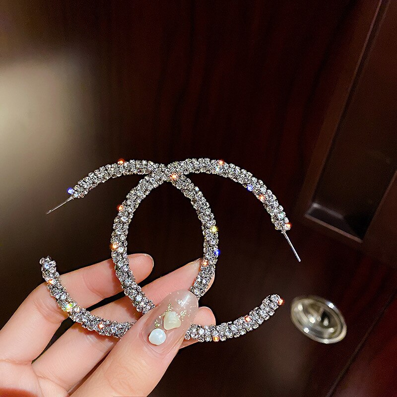 Fyuan Mode Grote Ronde Crystal Hoop Oorbellen Voor Vrouwen Bijoux Zilveren Kleur Strass Oorbellen Verklaring Sieraden Party