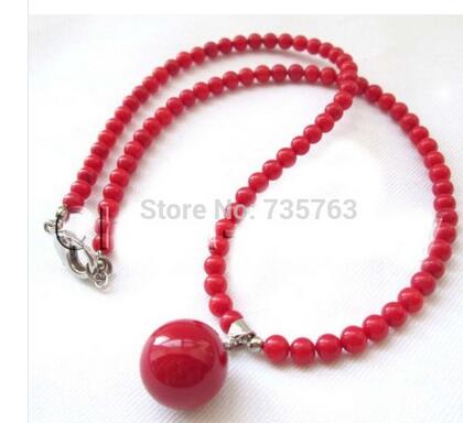 Bruids vrouwen Mooie Charmant Sieraden natuurlijke 6mm red coral rondes kralen ketting 14mm zee shell parel hanger AAA