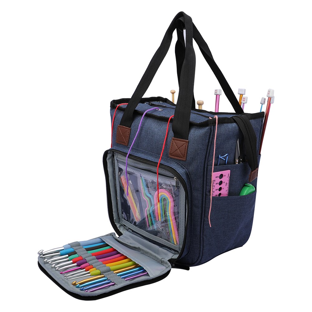 Stor garn opbevaring hækletaske håndtaske garn organisator til alle hæklet strik tilbehør til garn opbevaring strikke taske: Blå 26 x 23 x 14cm