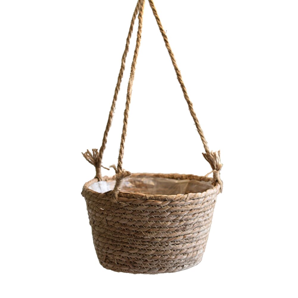 jute tau hengende kurv hengende planter kurv jute tau macrame plante hengende blomster lagrings arrangør til utendørs hage: Primærfarge