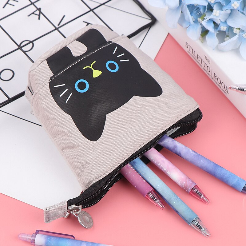 Portalápices retráctiles multifunción para niñas y niños, estuche de lápices Kawaii de lona con de animales de gato, material de papelería coreana