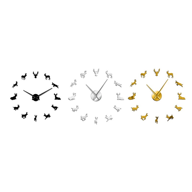 Tête de cerf bricolage horloge murale géante bois cerf chasseur moderne cerf bois horloge murale acrylique effet miroir animaux décorations pour la maison