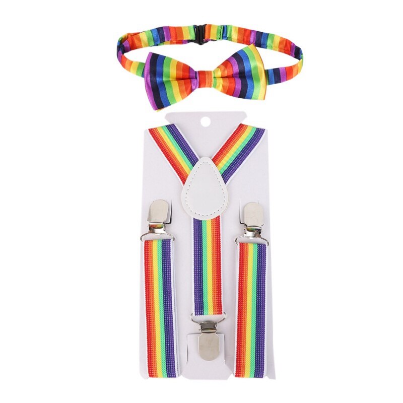 2pcs British Style Kids Suspenders Children's Adjustable Braces Elastic Band And Students Rainbow Striped Bow Tie Kit
