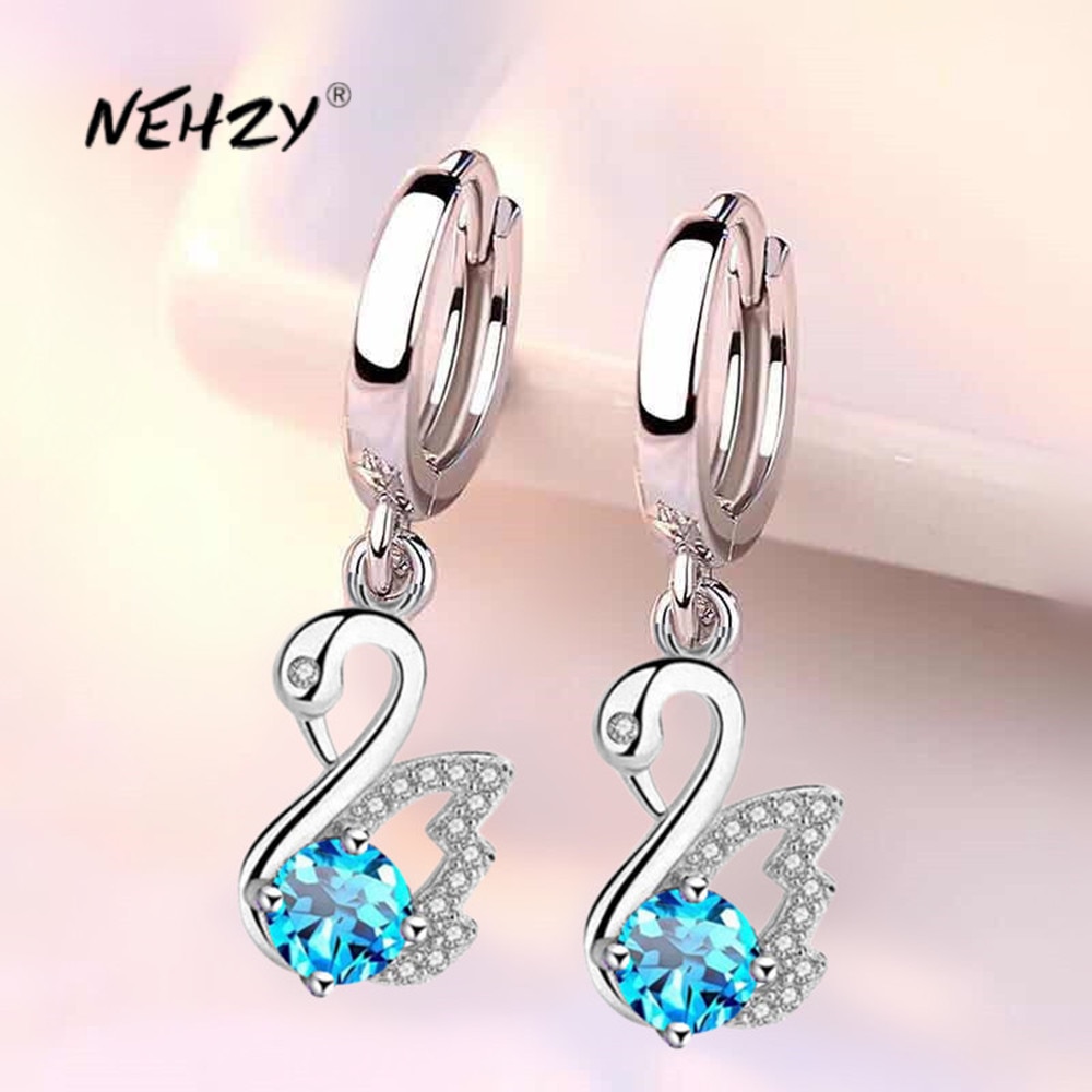 NEHZY-pendientes de plata de ley 925 para mujer, joyería a la , circonio de cristal blanco rosa y azul, aretes de cisne retro con borla larga