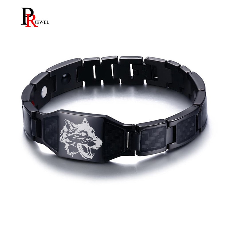 Stylish Wolf Bracelets for Men Black Bio Energy Carbon Fiber Chain Stainless Steel Jewelry