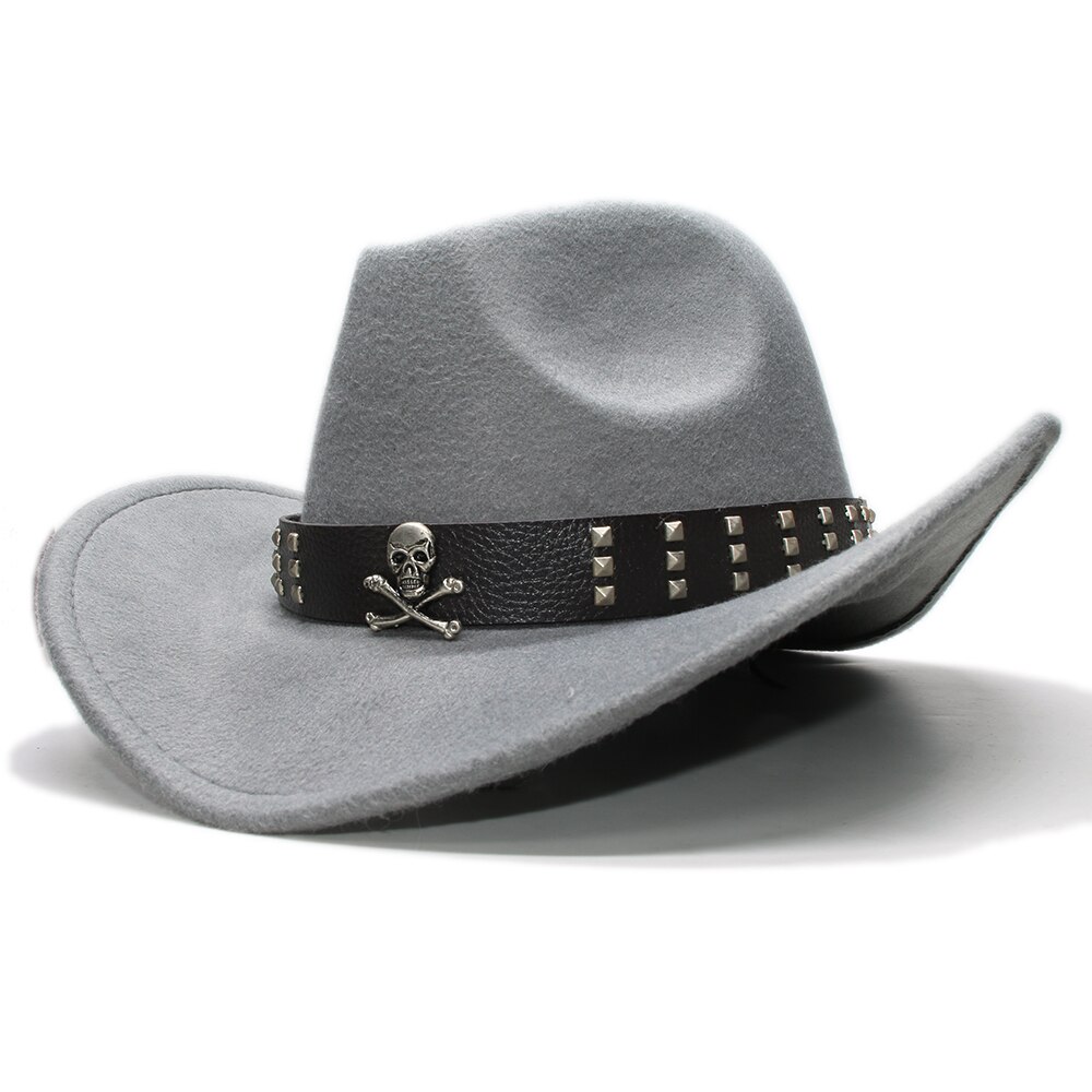 Sombrero de ala ancha de lana para niños, gorra de Fedora, banda de cuero con Calavera, Estilo Vintage Retro, vaquero, Occidental, ajustable, 54cm: Gris