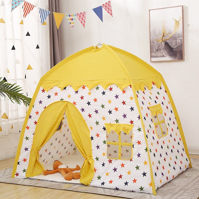 135*100*125Cm Kids Indoor Outdoor Kasteel Prinses Tent Bed Little Kasteel Prinses Oversized Huis Vouwen Spel verjaardag: yellow star