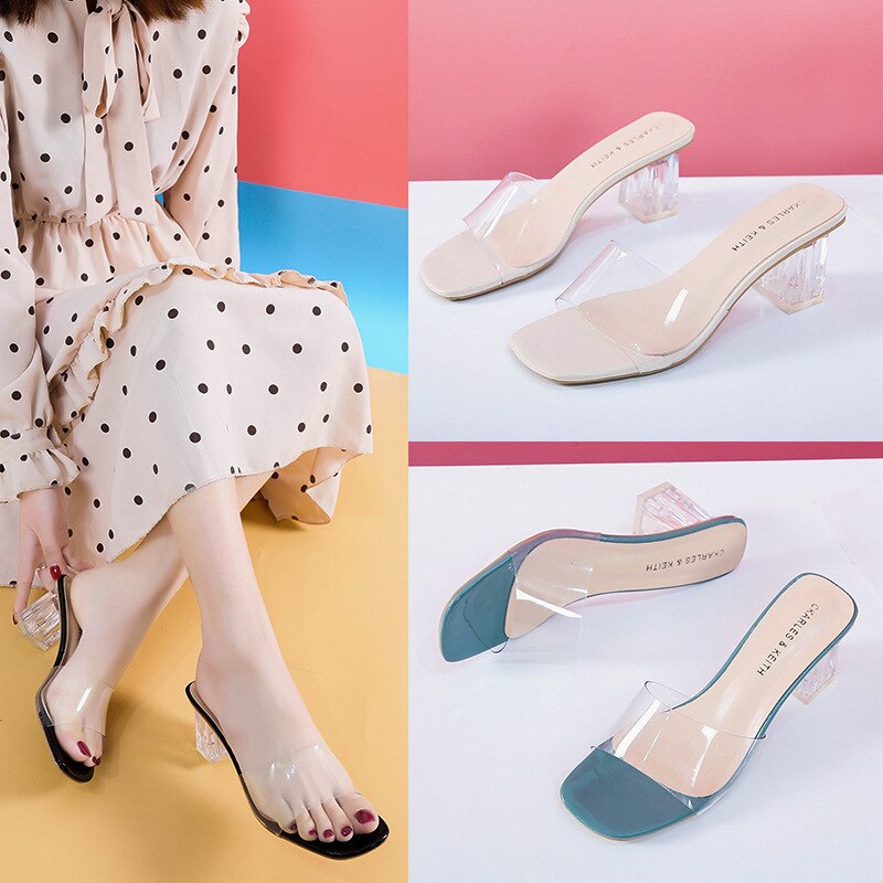 Women Sandals Shoes Celebrity Wearing Simple Style PVC Clear Strappy Buckle High Heels Woman Transparent Heels Yellow