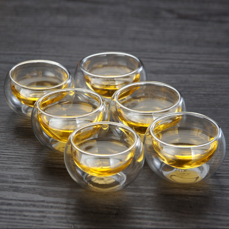 Dubbelwandige glazen theekop, drinkbeker met bloemenmotief, kungfu-drinkgerei