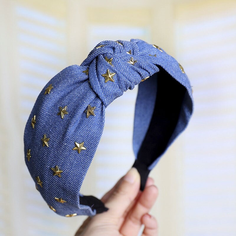 Vintage Sterren Jewel Rhinestone Denim Haarband Voor Vrouwen Knot Tulband Hoofdband Meisjes Haar Accessoires Bandeau Cheveux Opaska Doen: C606 light blue deni