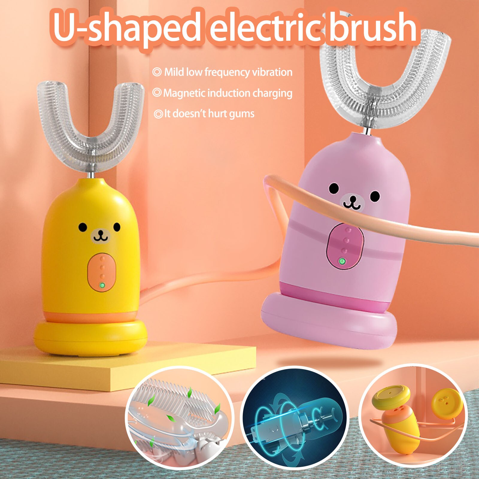 4# Kids' Electric Toothbrush Rechargeable Smart Sonic Toothbrush With U Shape Brush Head Toddlers & Kids Oral Care Brush