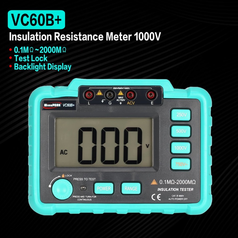 Medidor Digital de resistencia de aislamiento de rango automático VC60B + 1000V medidor megóhmetro indicador LED de alto voltaje 1999 recuentos