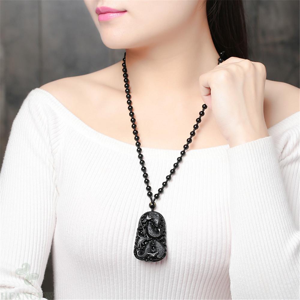 Carved 4 Fishes Obsidian Pendant Necklace Chic Fancy Classic Bless Wrist Cuff China