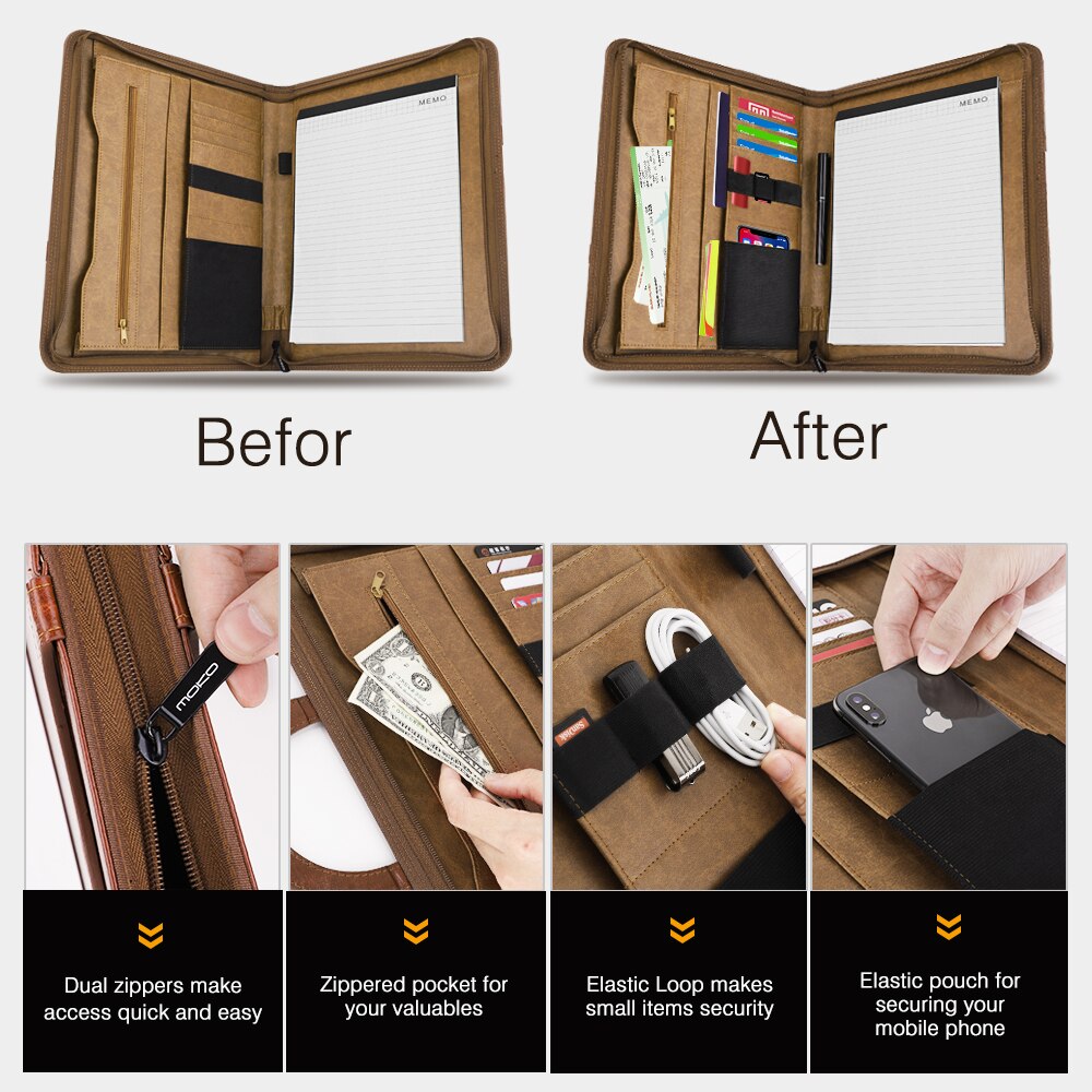 Leather Padfolio Portfolio Folder with Handle, Business Portfolio Organizer with 11 Inch Tablet Sleeve for iPhone