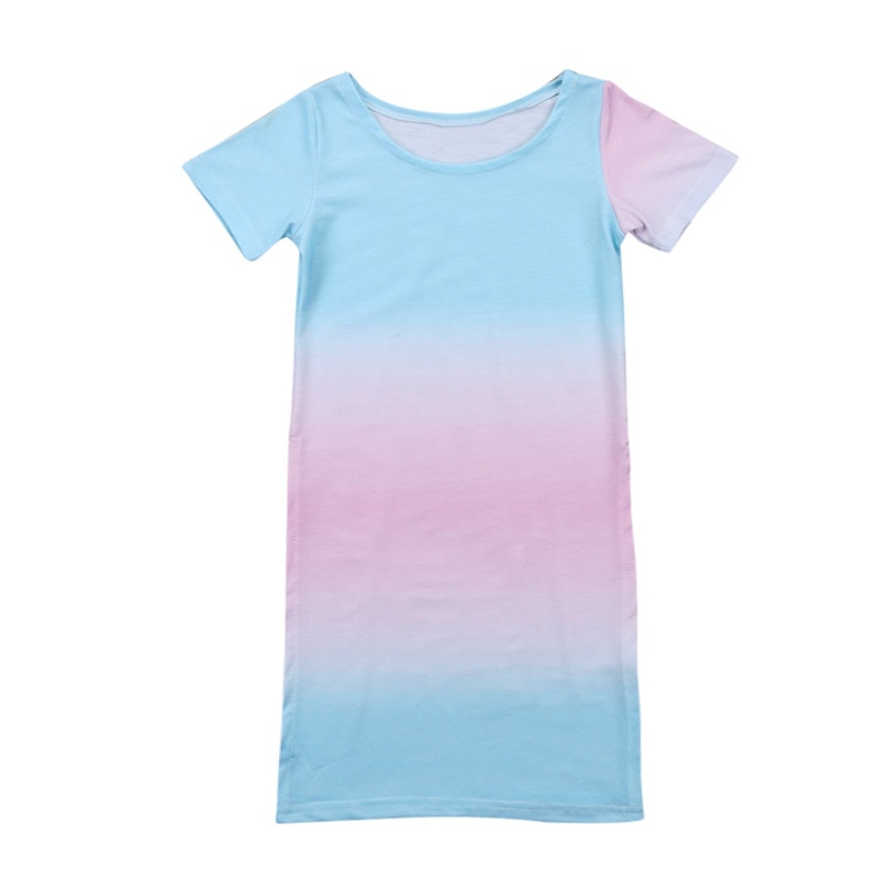 Été décontracté robe de -né infantile bébé filles dégradé coloré élastique col rond à manches courtes T-shirt fendu hauts longs