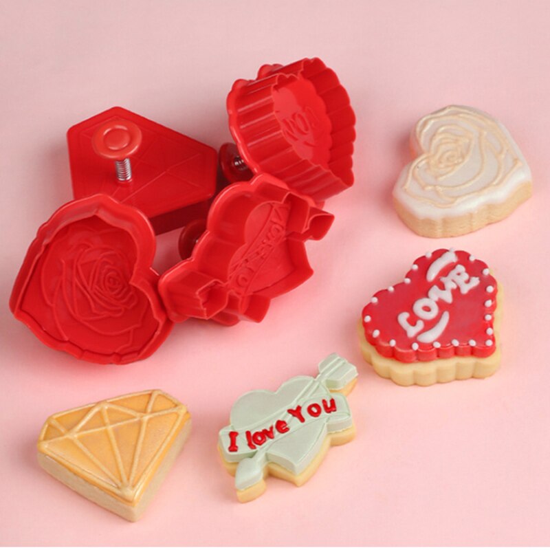 4 Stuks Liefde Rose Cookie Stempel Biscuit Mold Plunger Mold Cookie Cutter Fondant Decoratie Gereedschap Sugarcraft Mold Voor Valentijnsdag dag