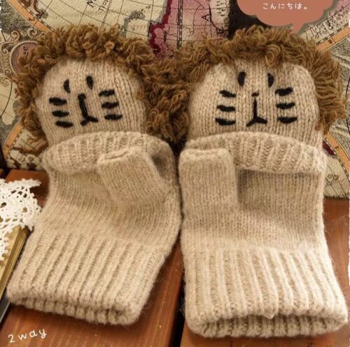 Mori Girl Lolita Kawaii medio dedo dibujos animados encantador oso León invierno guantes De lana guantes gruesos sin dedos calientes Luvas De Inverno: Lion