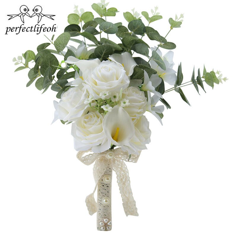 perfectlifeoh Beautiful Artificial Flowers Ivory/Yellow Calla Lily Long Flower Bouquet Wedding Bouquet bridal bouquets