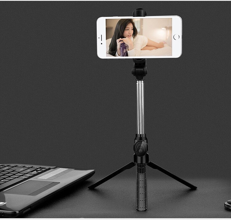 Trådløs bluetooth selfie stick med fjernbetjening self timer tripod mobiltelefon selfie stick tripods live video support: Sort
