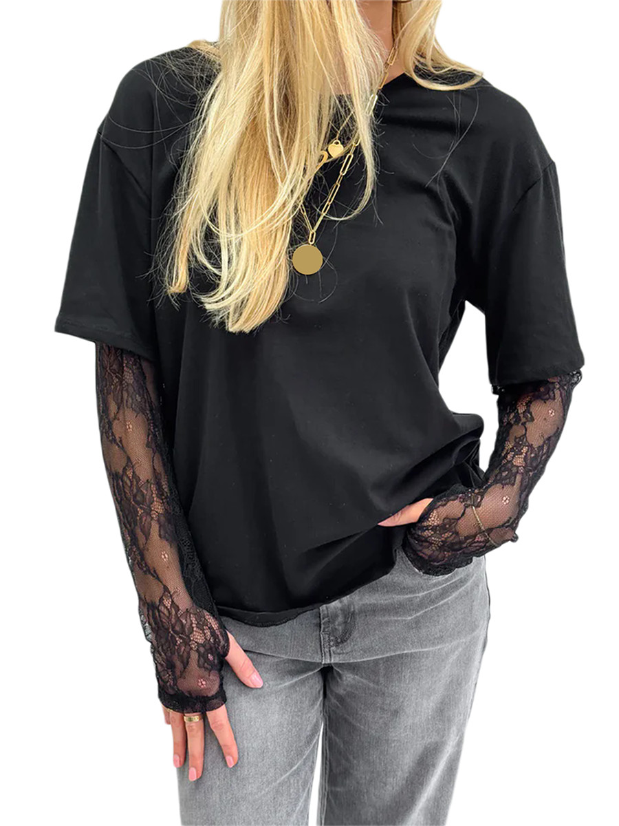 Dam t-shirt med rund hals, spets, långärmad, vardagsskjortor, vår/höst, lös passform, enfärgad t-shirt för streetwear  y2k 00s: L / Svart