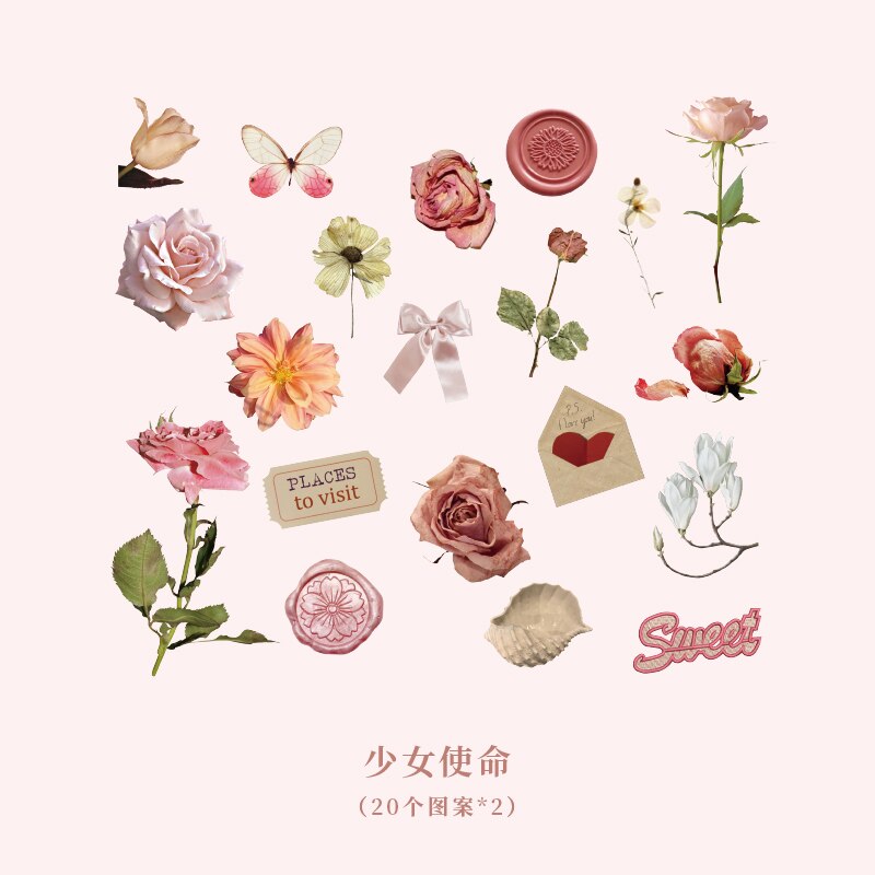 40pcs Flowers Collection Cute Japanese Stickers Pack Kawaii Cartoon Sticker Set For Planner Journals Diary Scrapbooks: C