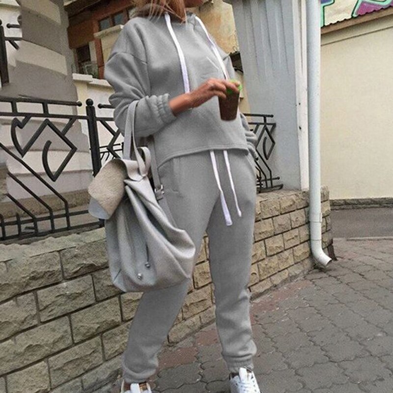 Vrouwen 2 Stuk Outfits-Effen Pullover Trainingspakken Lange Mouw Sweatshirt Skinny Lange Broek Fitness Trainingspak Set: gray / XL