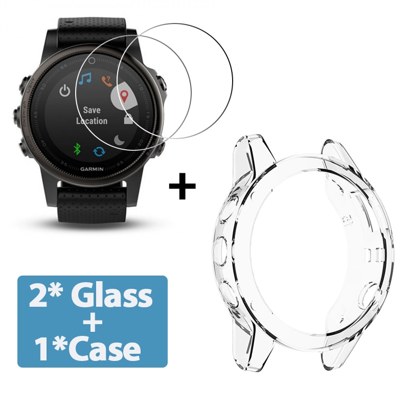 2 + 1 caso protetor de tela para garmin fenix 5 5S 5x relógio inteligente tpu macio capa protetora escudo filme vidro temperado: Claro / Transparente / Garmin fenix 5
