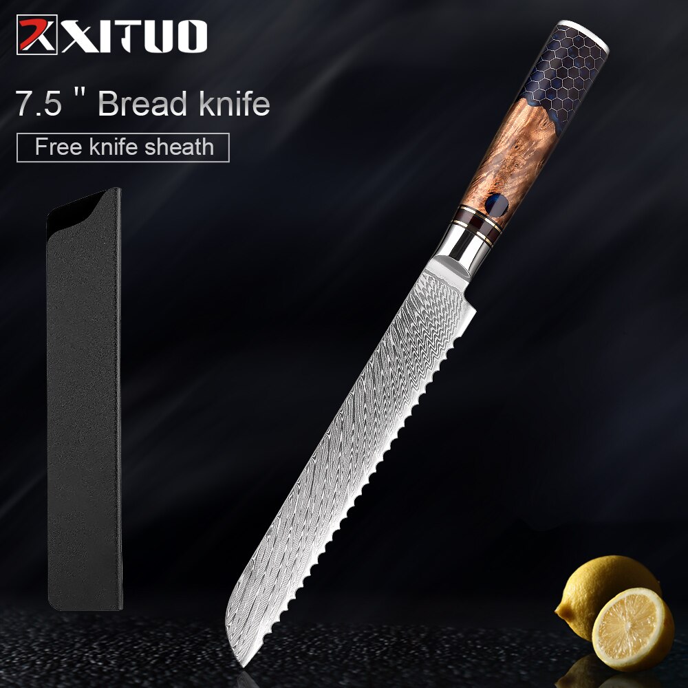 XITUO-Juego de cuchillos de cocina de acero damasco, 67 capas, afilados, duraderos, cuchillo de corte multifuncional, mango de panal de resina azul: 7.5 inch Bread knife
