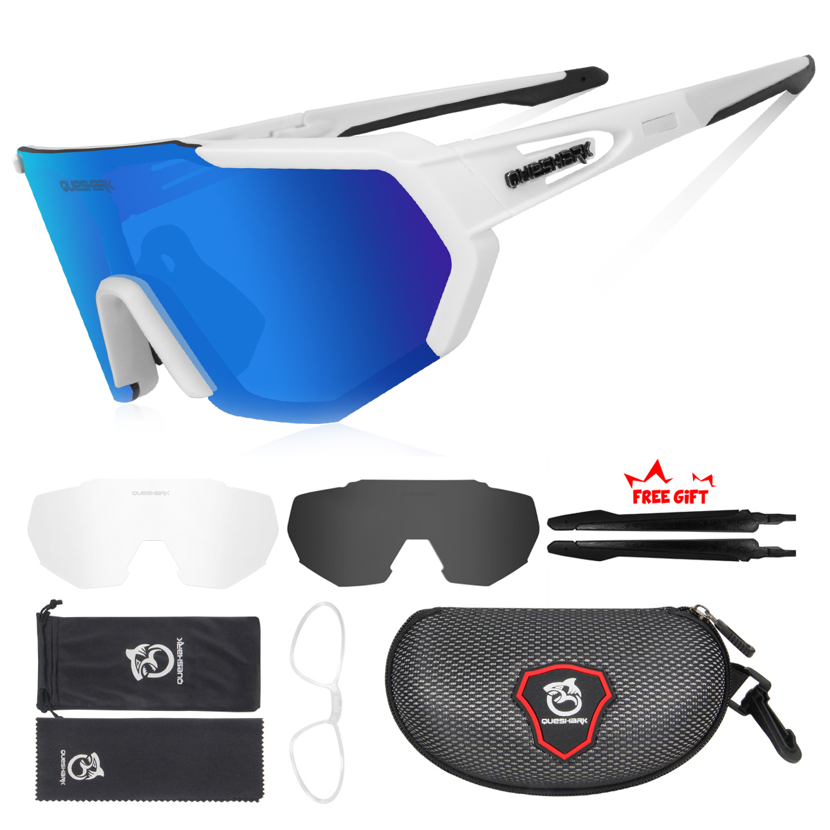 QUESHARK mujeres hombres polarizadas 3 lentes conjunto ciclismo gafas de sol deportes MTB bicicleta gafas montar bicicleta de carretera gafas QE42: Plata