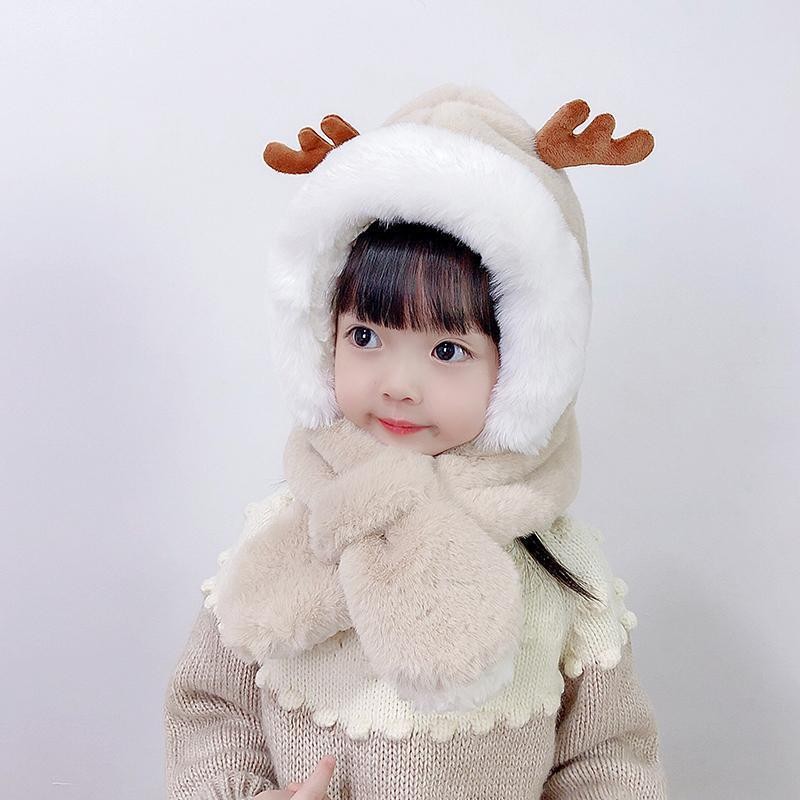invierno niños novedad sombreros gorras niñas cálido lindo Reno sombrero de cuernos Casual de bufanda sombrero conjunto Casual niños tapas: Kahki