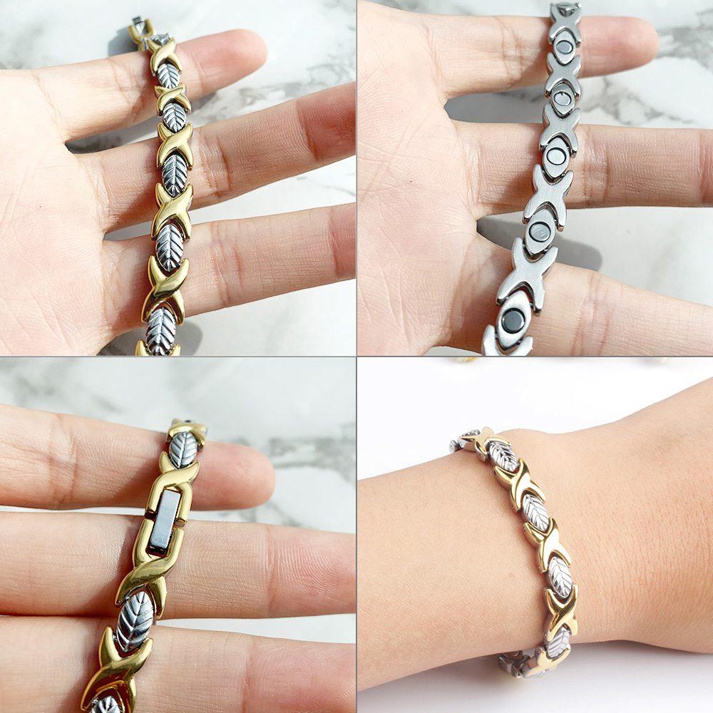 FINE4U B077 Hand Chain Leaf Magnetische Gezondheid Armbanden & Bangles 316L Roestvrij Staal Energie Gezonde Armband Voor Vrouwen