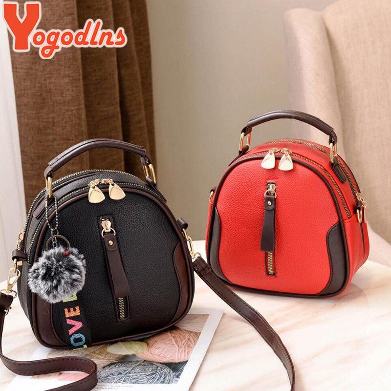 Yogodlns Solid Color Women Shell Bag Portable Shoulder Bag PU Leather Female Bag With Gray Hair Ball