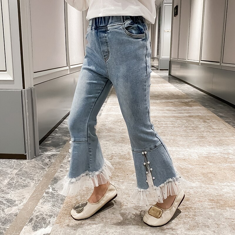 Jeans Slim en dentelle pour filles, jean épissé avec fente, pantalon évasé en Denim avec perles, vêtements pour adolescentes de 4 5 6 7 8 10 12 14 ans,
