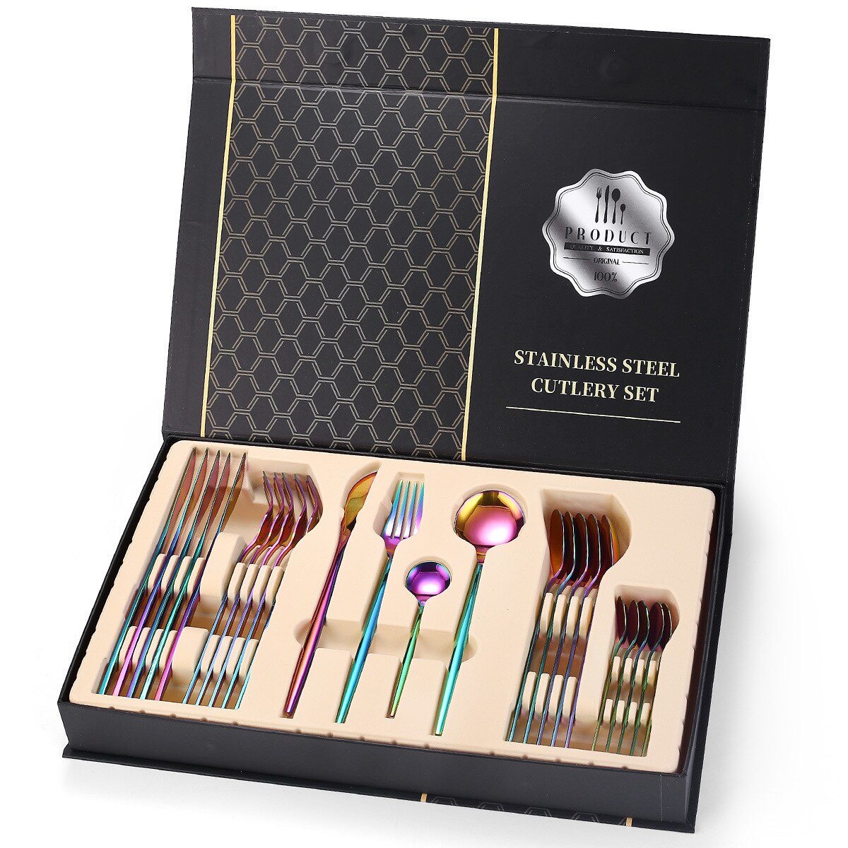24pcs Gold Dinnerware Set Stainless Steel Mirror Cutlery Set Knife Fork Coffee Spoon Home Tableware Set Upscale Box: rainbow