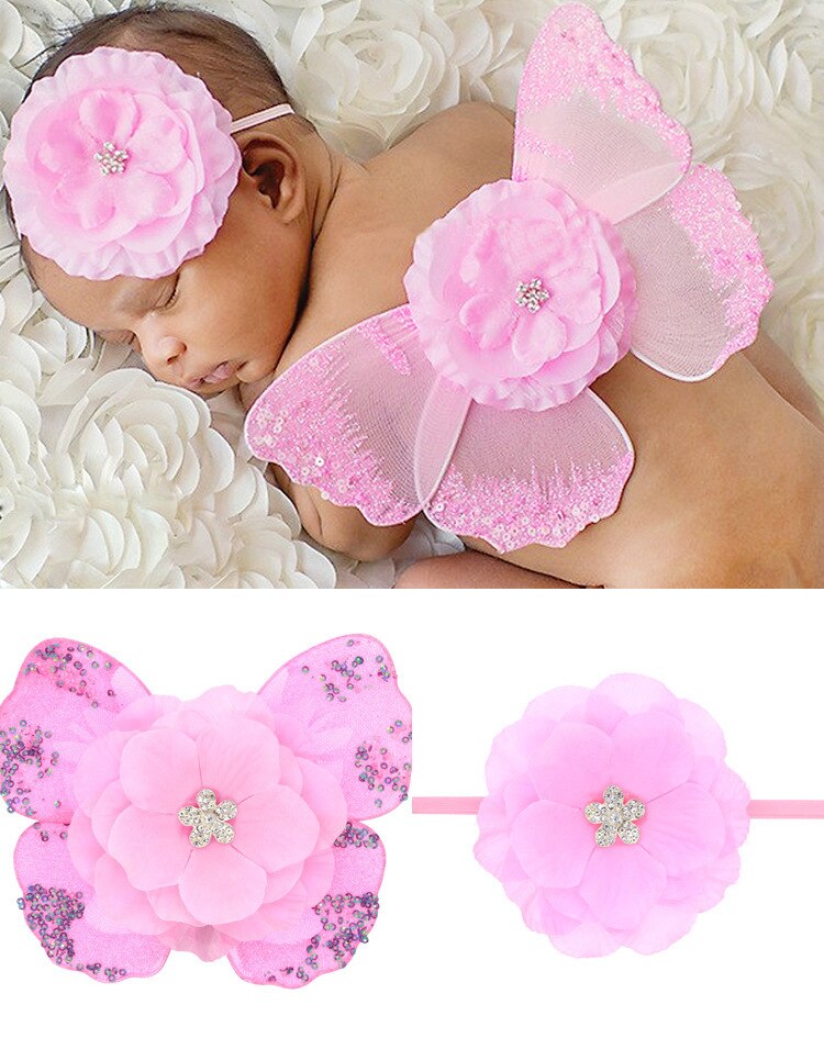 Dejlige nyfødte baby fotografering rekvisitter spædbarn piger blomst pandebånd + vinge 2 stk outfit sæt kostume prop tilbehør i 0-6 måneder
