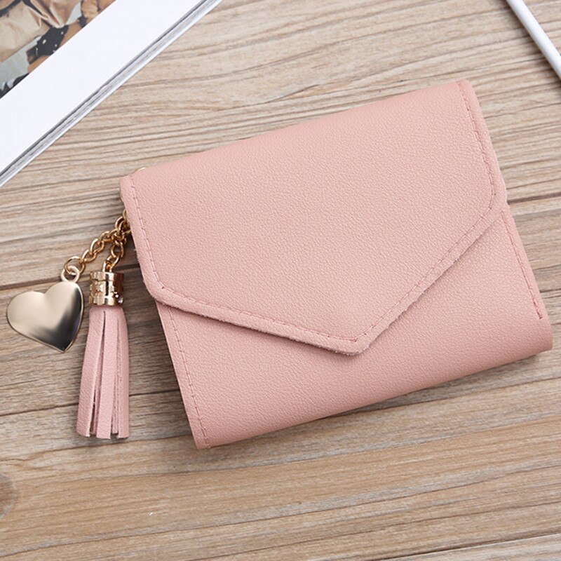 Women's Wallet Cute Student Tassel Pendant Short Wallet Trend Small PU Wallet Coin Purse Ladies Card Bag For Women: pink