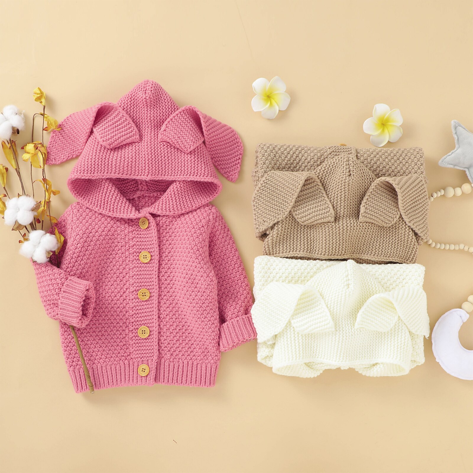 Baby Winter Warme Jassen Lange Mouwen Gebreide Vest Solid Rabbit Ear Kapmantel Jassen Baby Jongens Meisjes Toevallige Bovenkleding