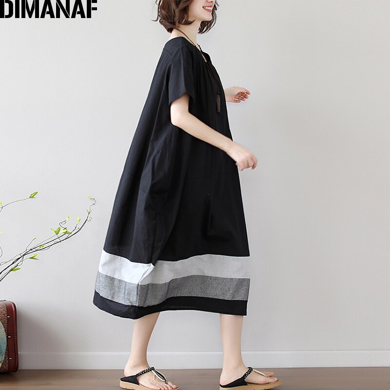 Dimanaf vestido plus size roupas femininas verão vestido de verão do vintage elegante feminino vestidos elegante senhora vestido solto linho preto