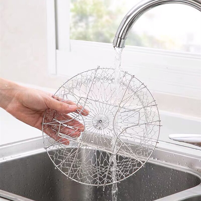 304 Stainless Steel Deep-fried Mesh Household French Fries Chicken Wings Telescopic Folding Round Water Drain Filter Mesh Sieve